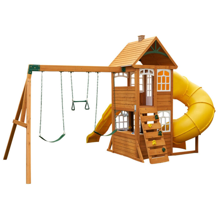 KidKraft - Castlewood Wooden Swing Set / Playset with Clubhouse, Mailbox, Slide and Play Kitchen - R Exclusive - Image 2