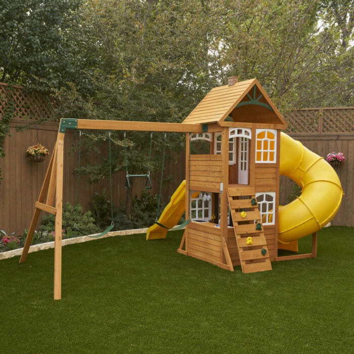 KidKraft - Castlewood Wooden Swing Set / Playset with Clubhouse, Mailbox, Slide and Play Kitchen - R Exclusive - Image 5
