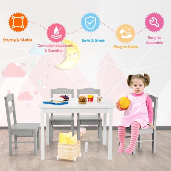 Kids 5 Piece Table and Chair Set Wooden Children Activity Playroom Furniture Gift - Image 3