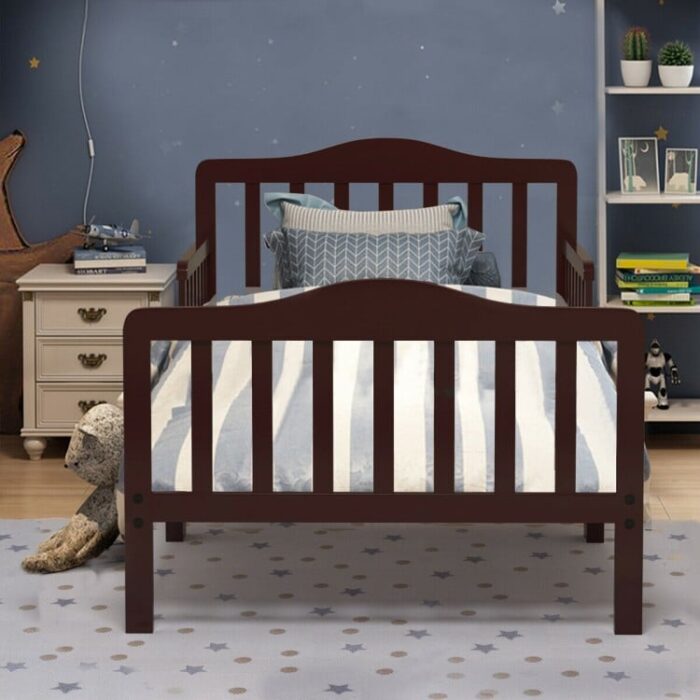 Classic Design Kids Wood Toddler Bed Frame with Two Side Safety Guardrails - Image 2