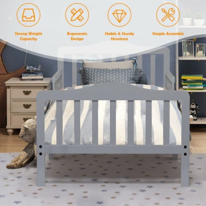 Classic Design Kids Wood Toddler Bed Frame with Two Side Safety Guardrails - Image 4