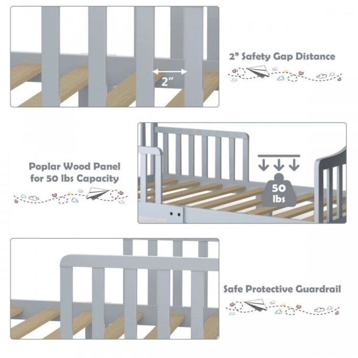 Classic Design Kids Wood Toddler Bed Frame with Two Side Safety Guardrails - Image 6