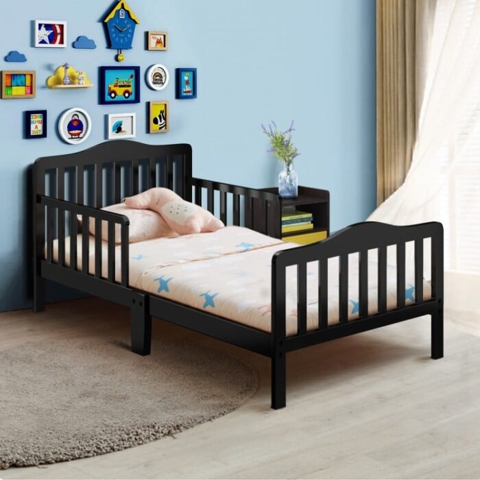 Classic Design Kids Wood Toddler Bed Frame with Two Side Safety Guardrails - Image 12