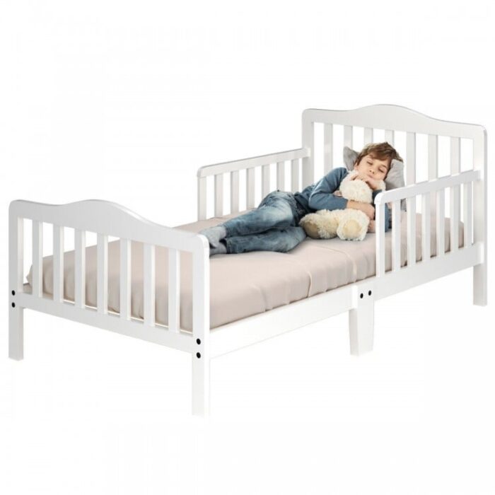 Classic Design Kids Wood Toddler Bed Frame with Two Side Safety Guardrails - Image 10
