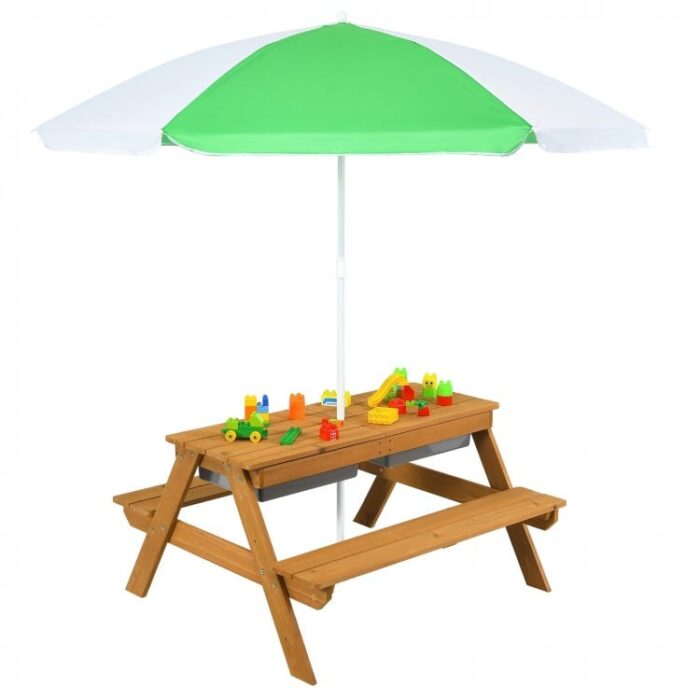 3-in-1 Kids Outdoor Picnic Water Sand Table with Umbrella Play Boxes - Image 15
