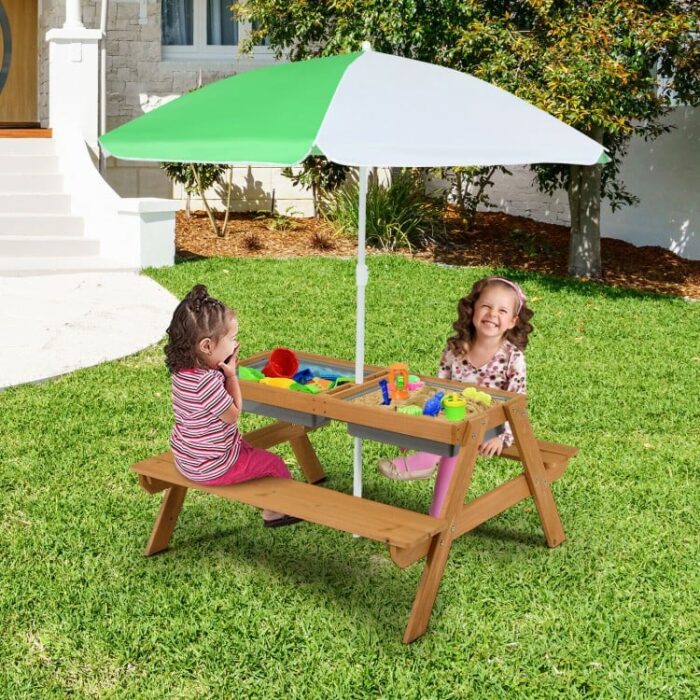 3-in-1 Kids Outdoor Picnic Water Sand Table with Umbrella Play Boxes - Image 17