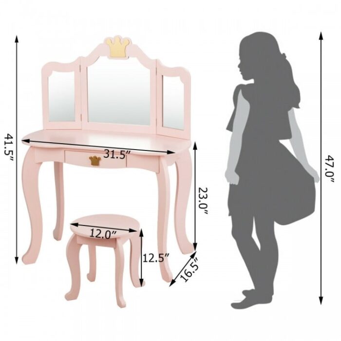 Kids Makeup Dressing Table with Tri-folding Mirror and Stool - Image 4
