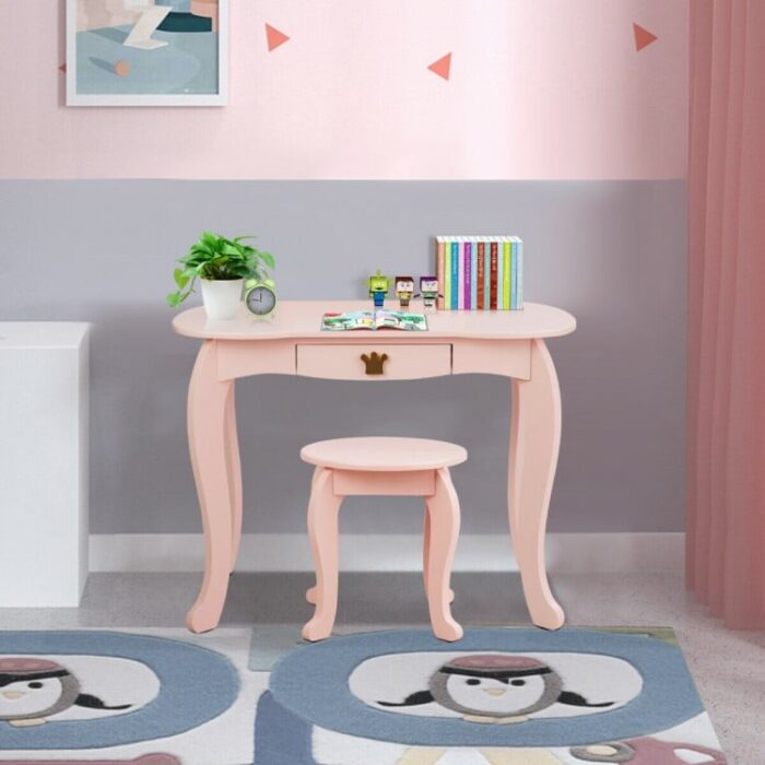 Kids Makeup Dressing Table with Tri-folding Mirror and Stool - Image 7