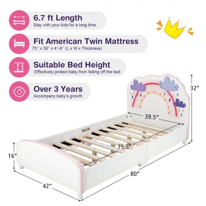 Kids Twin Size Upholstered Platform Wooden Bed with Rainbow Pattern - Image 5