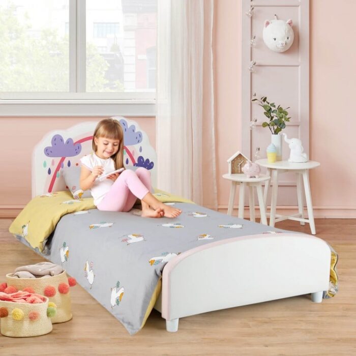 Kids Twin Size Upholstered Platform Wooden Bed with Rainbow Pattern - Image 2