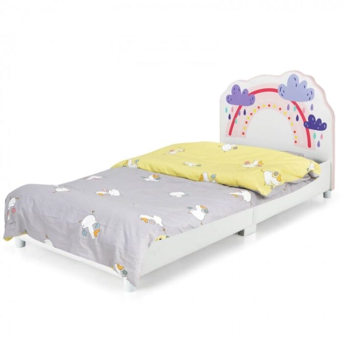Kids Twin Size Upholstered Platform Wooden Bed with Rainbow Pattern - Image 4