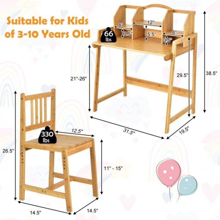 Bamboo Kids Study Desk and Chair Set with Bookshelf - Image 4