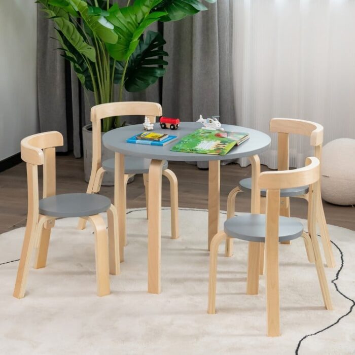 5-Piece Kids Wooden Curved Back Activity Table and Chair Set with Toy Bricks - Image 16