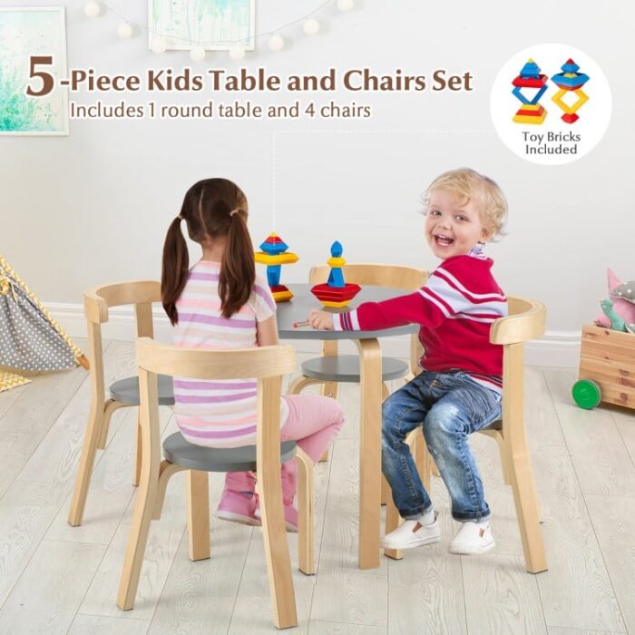 5-Piece Kids Wooden Curved Back Activity Table and Chair Set with Toy Bricks - Image 21