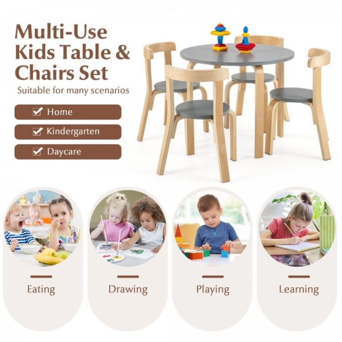 5-Piece Kids Wooden Curved Back Activity Table and Chair Set with Toy Bricks - Image 20