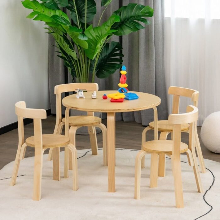 5-Piece Kids Wooden Curved Back Activity Table and Chair Set with Toy Bricks - Image 9