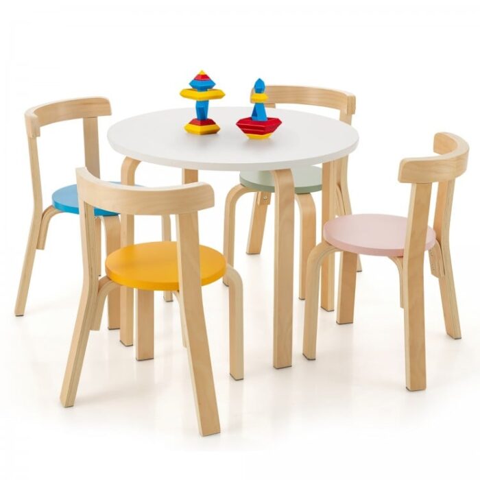 5-Piece Kids Wooden Curved Back Activity Table and Chair Set with Toy Bricks - Image 4