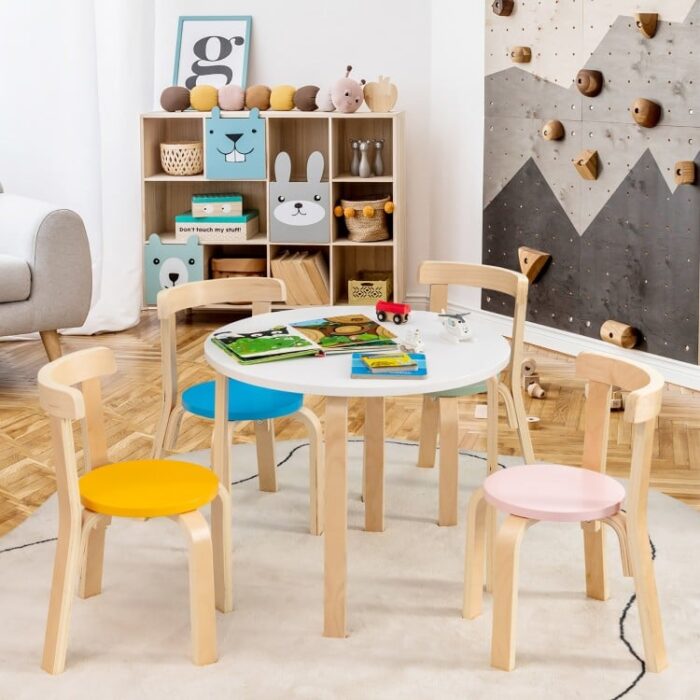 5-Piece Kids Wooden Curved Back Activity Table and Chair Set with Toy Bricks - Image 2