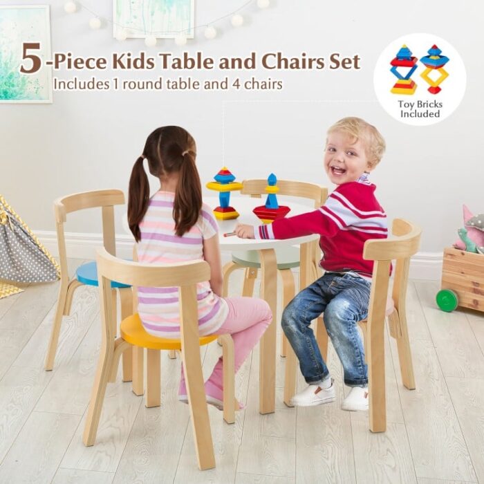 5-Piece Kids Wooden Curved Back Activity Table and Chair Set with Toy Bricks - Image 7