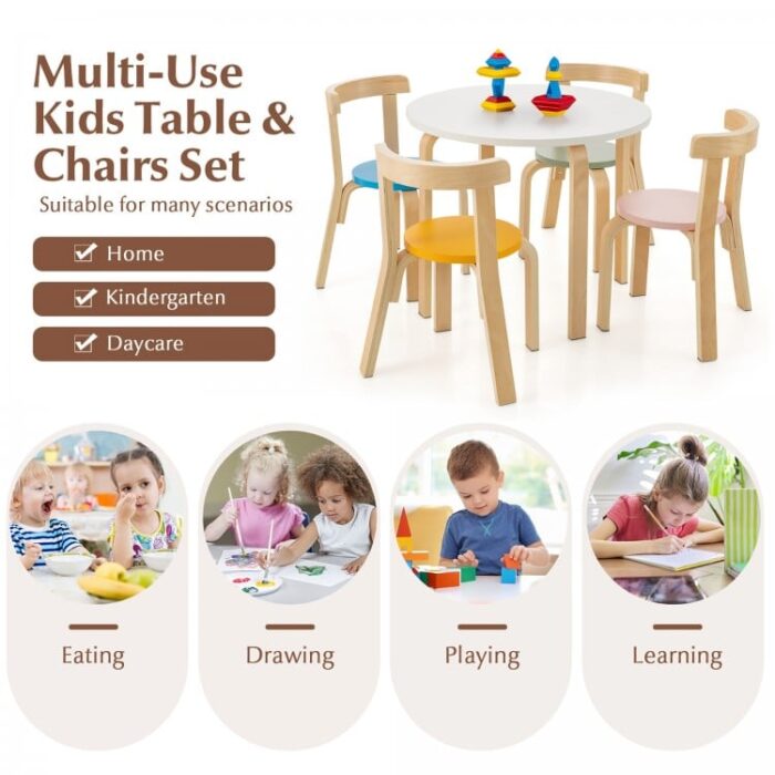 5-Piece Kids Wooden Curved Back Activity Table and Chair Set with Toy Bricks - Image 6