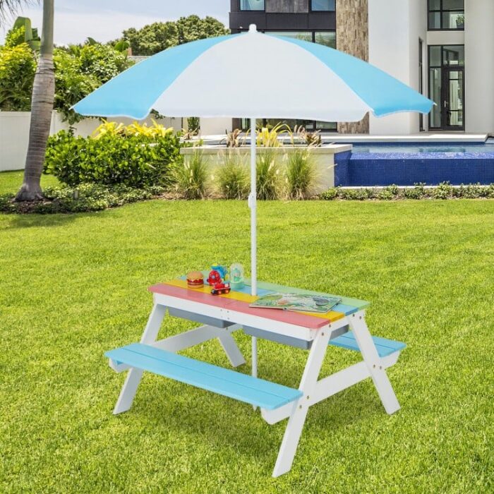 3-in-1 Kids Outdoor Picnic Water Sand Table with Umbrella Play Boxes - Image 5