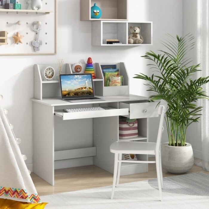 Kids Study Desk Children Writing Table with Hutch Drawer Shelves and Keyboard Tray - Image 2