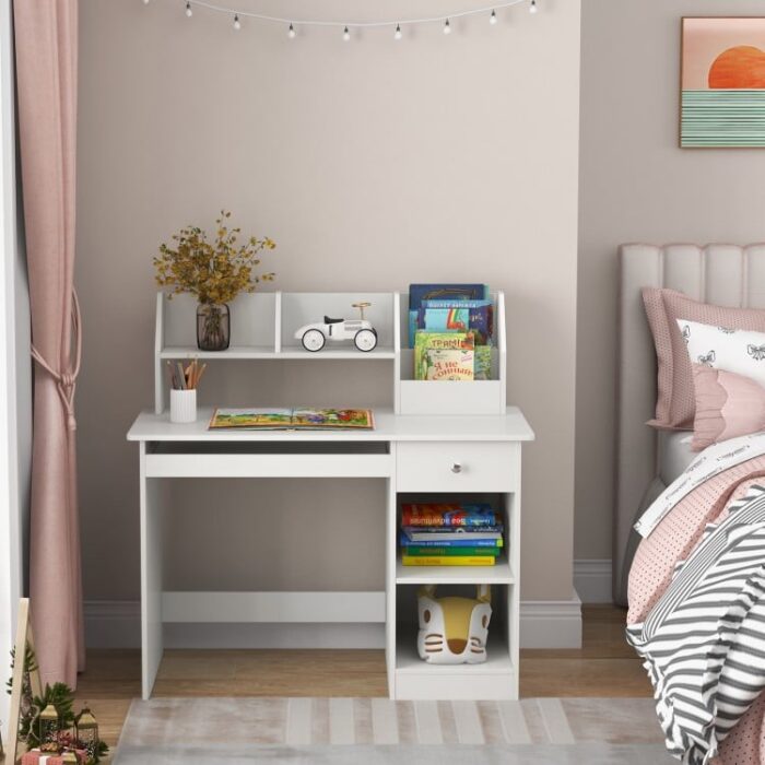 Kids Study Desk Children Writing Table with Hutch Drawer Shelves and Keyboard Tray - Image 3