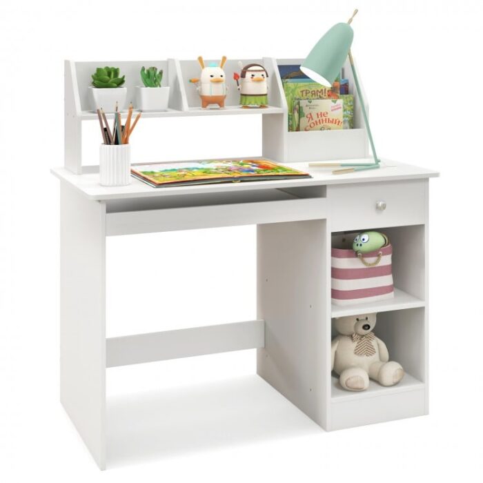 Kids Study Desk Children Writing Table with Hutch Drawer Shelves and Keyboard Tray - Image 4