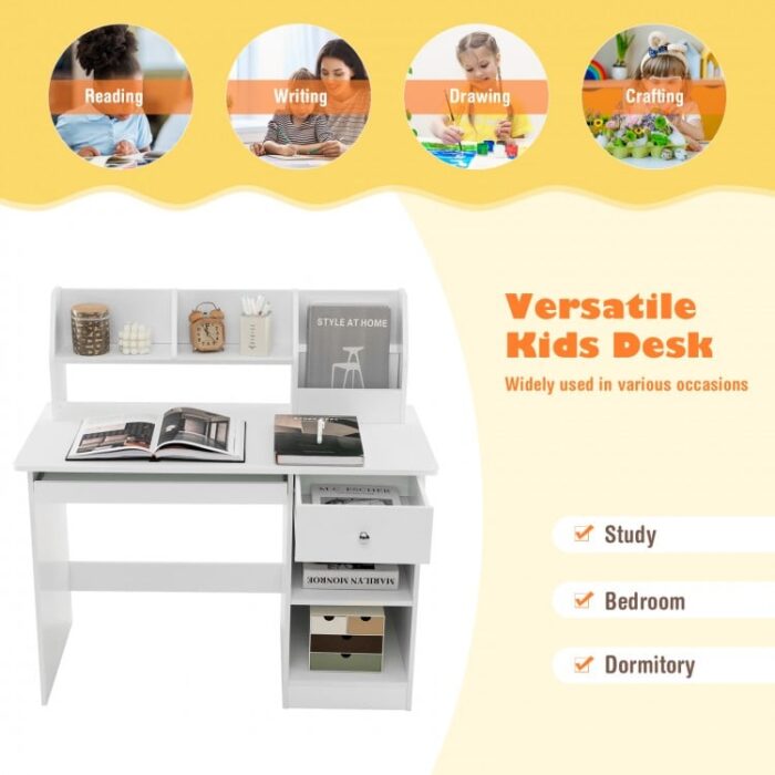 Kids Study Desk Children Writing Table with Hutch Drawer Shelves and Keyboard Tray - Image 9