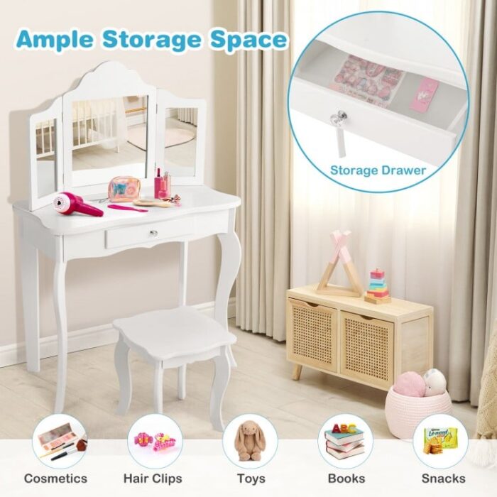 Kids Dressing Vanity Set with Tri-Folding Mirror and Stool - Image 6