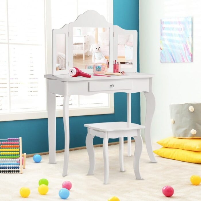 Kids Dressing Vanity Set with Tri-Folding Mirror and Stool - Image 2