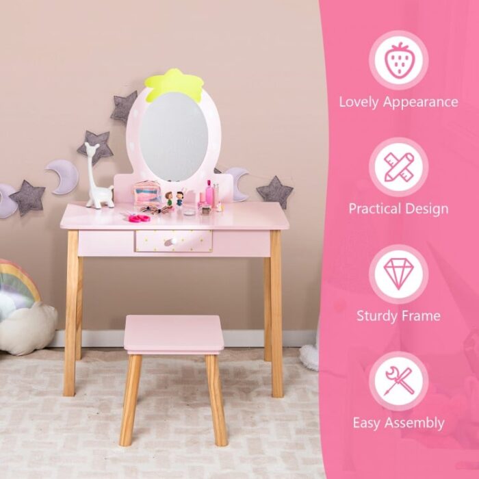 2-in-1 Children Vanity Table Stool Set with Mirror - Image 3