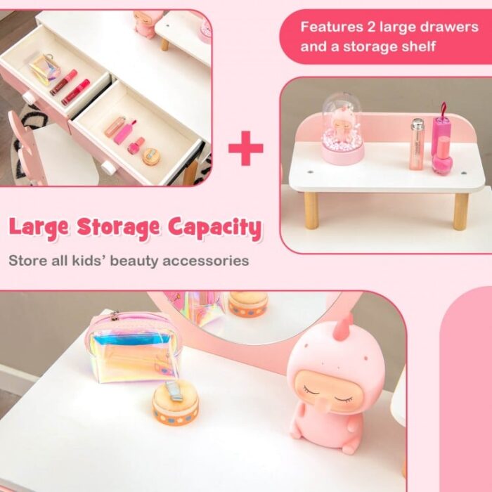 Kids Vanity Table and Chair Set with Drawer Shelf and Rabbit Mirror - Image 11