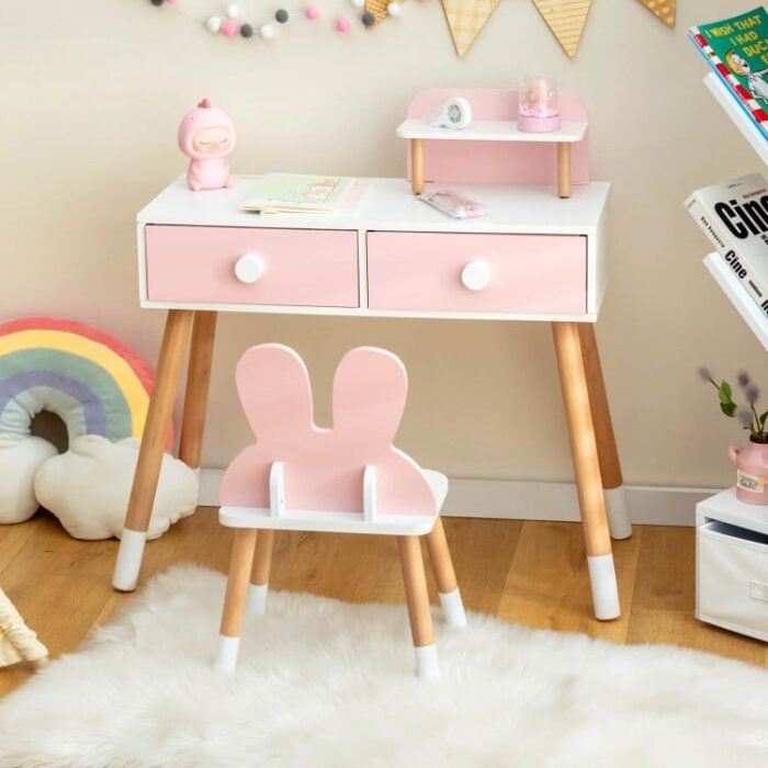 Kids Vanity Table and Chair Set with Drawer Shelf and Rabbit Mirror - Image 3