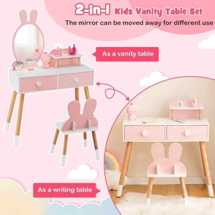 Kids Vanity Table and Chair Set with Drawer Shelf and Rabbit Mirror - Image 9