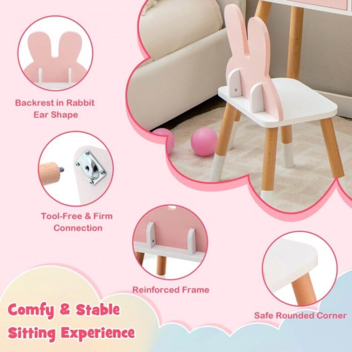 Kids Vanity Table and Chair Set with Drawer Shelf and Rabbit Mirror - Image 10