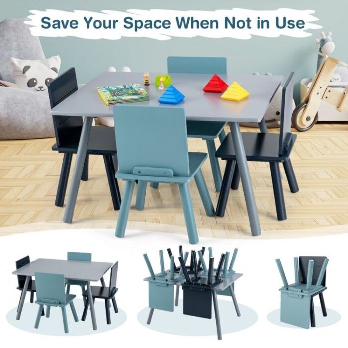 5 Pieces Kids Wooden Activity Play Furniture Set with Building Blocks - Image 6