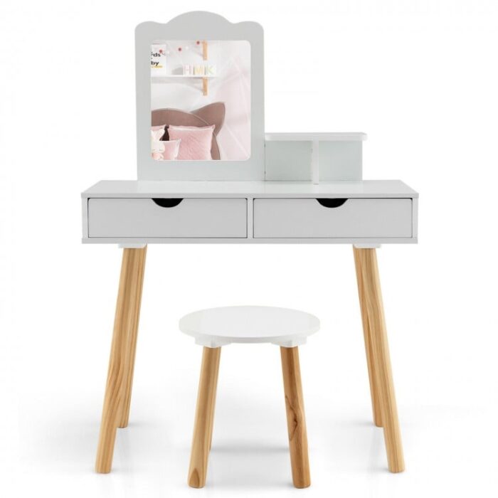 Kid Vanity Table Chair Set with Mirror and 2 Large Storage Drawers - Image 4