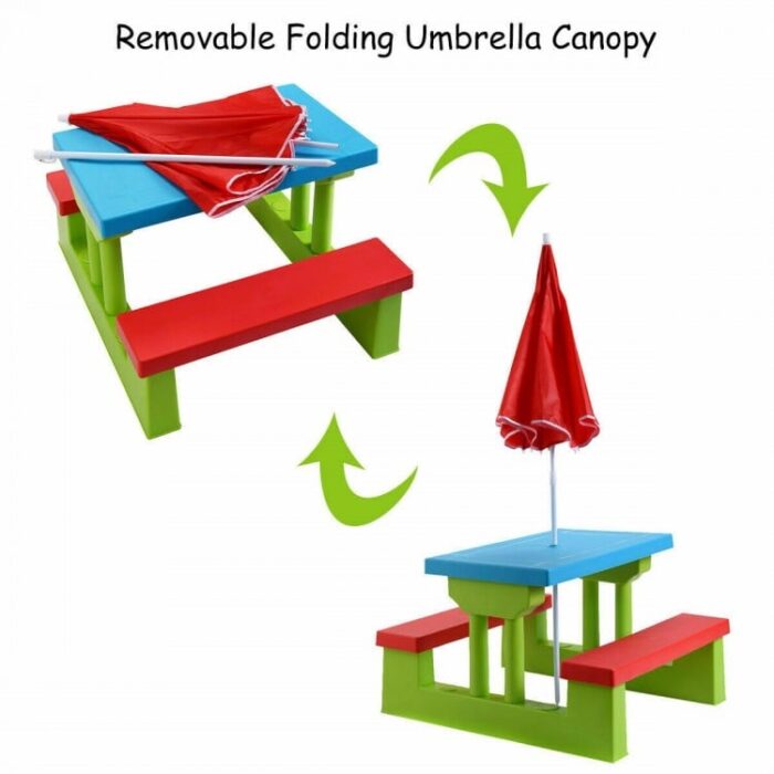 Kids Picnic Folding Table and Bench Set with Umbrella - Image 3