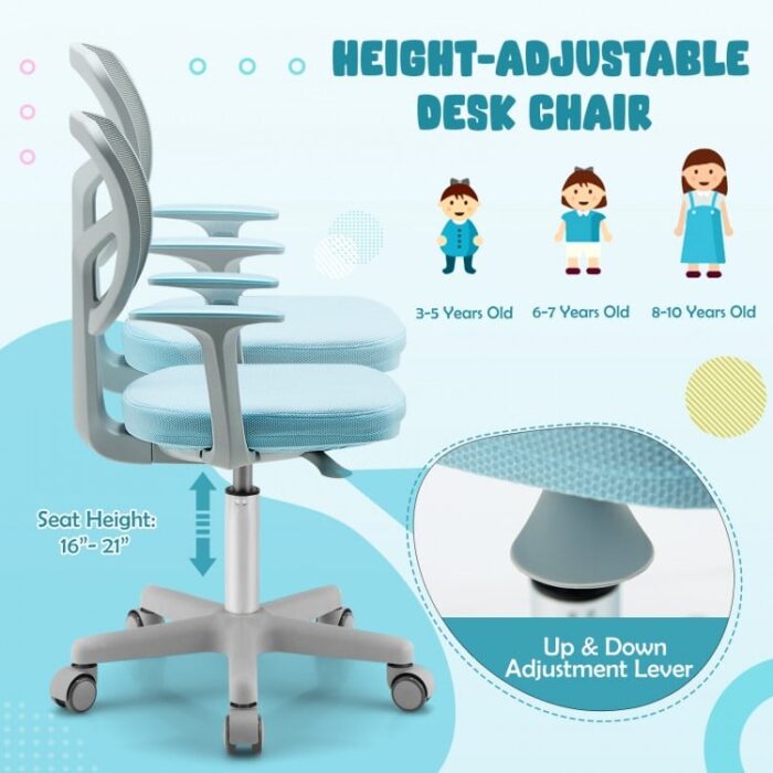 Adjustable Desk Chair with 5 Rolling Universal Casters for Kids - Image 6