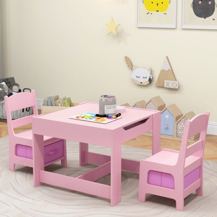 Kids Table Chairs Set With Storage Boxes Blackboard Whiteboard Drawing - Image 2