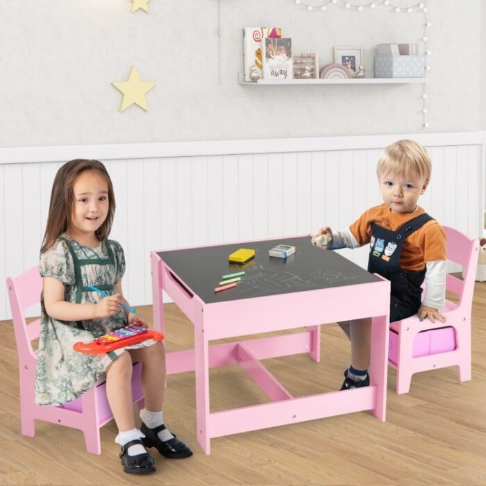 Kids Table Chairs Set With Storage Boxes Blackboard Whiteboard Drawing - Image 3
