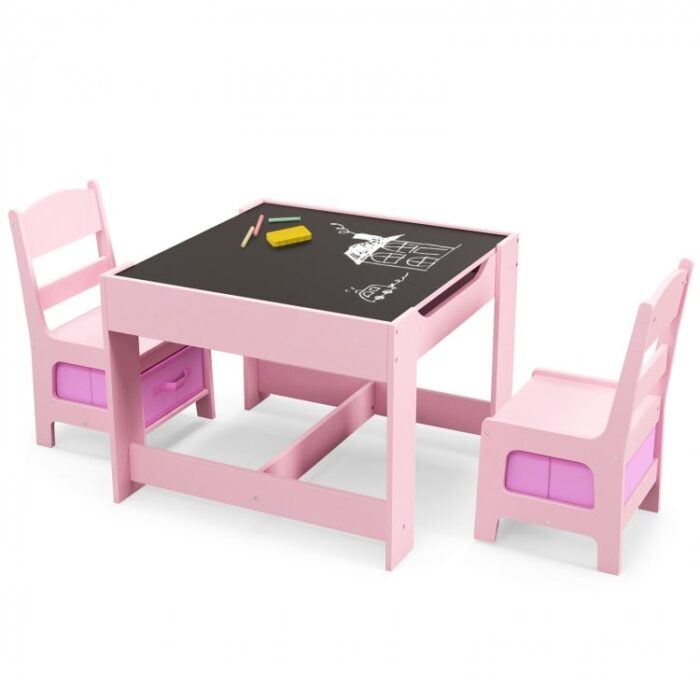 Kids Table Chairs Set With Storage Boxes Blackboard Whiteboard Drawing
