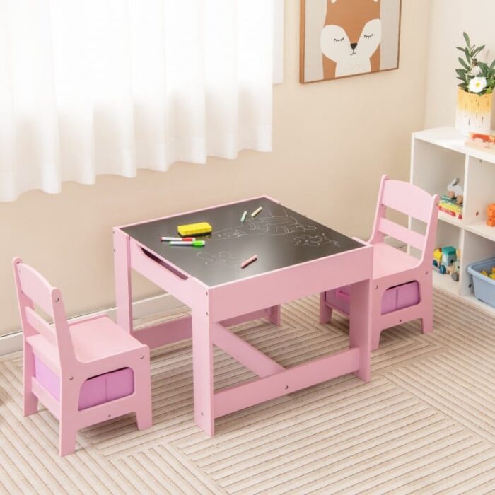 Kids Table Chairs Set With Storage Boxes Blackboard Whiteboard Drawing - Image 5