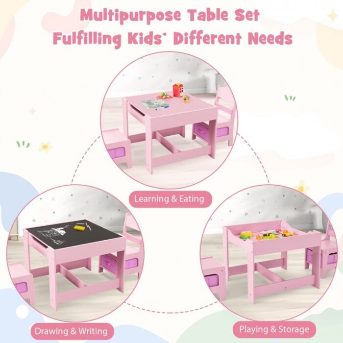 Kids Table Chairs Set With Storage Boxes Blackboard Whiteboard Drawing - Image 7