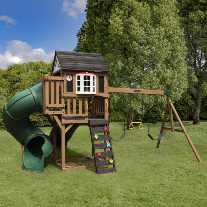KidKraft - Timberlake Wooden Swing Set / Playset with 3 Slides, 3 Swings and Clubhouse - Image 2
