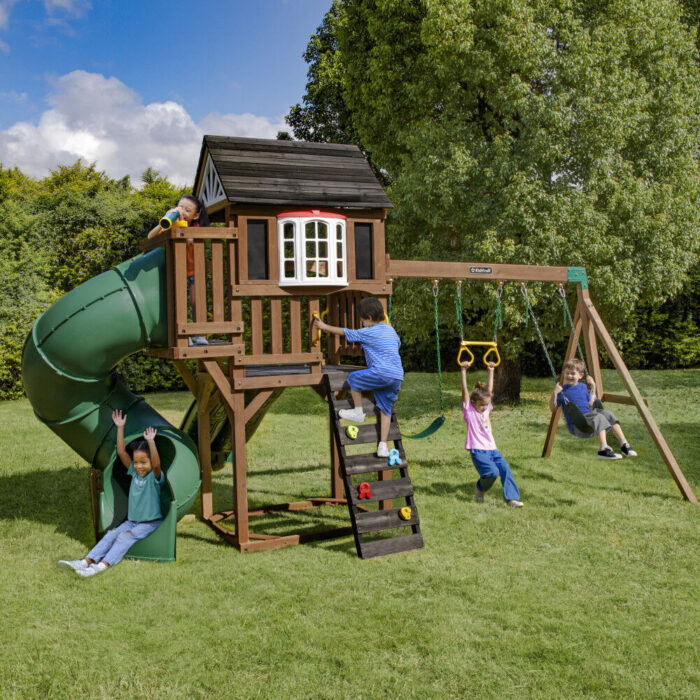 KidKraft - Timberlake Wooden Swing Set / Playset with 3 Slides, 3 Swings and Clubhouse - Image 3