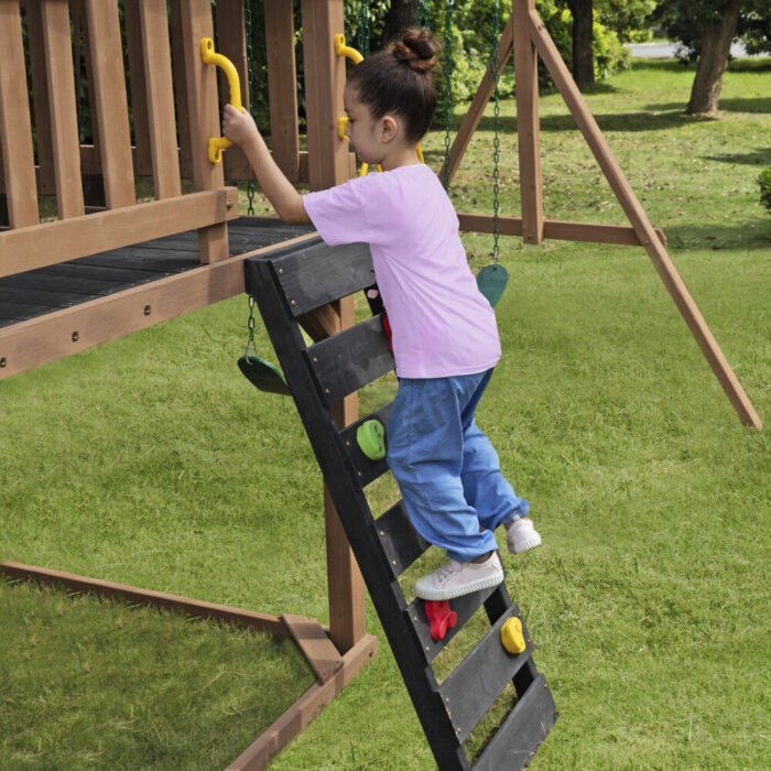 KidKraft - Timberlake Wooden Swing Set / Playset with 3 Slides, 3 Swings and Clubhouse - Image 6