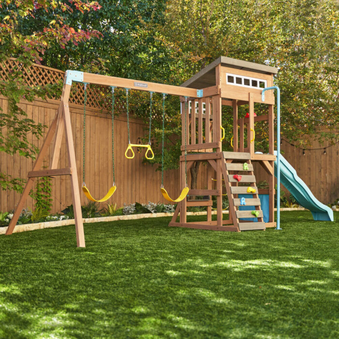 KidKraft - Modern Outdoor Wooden Swing Set / Playset with Fireman's Pole, Reversible Bench - R Exclusive - Image 2