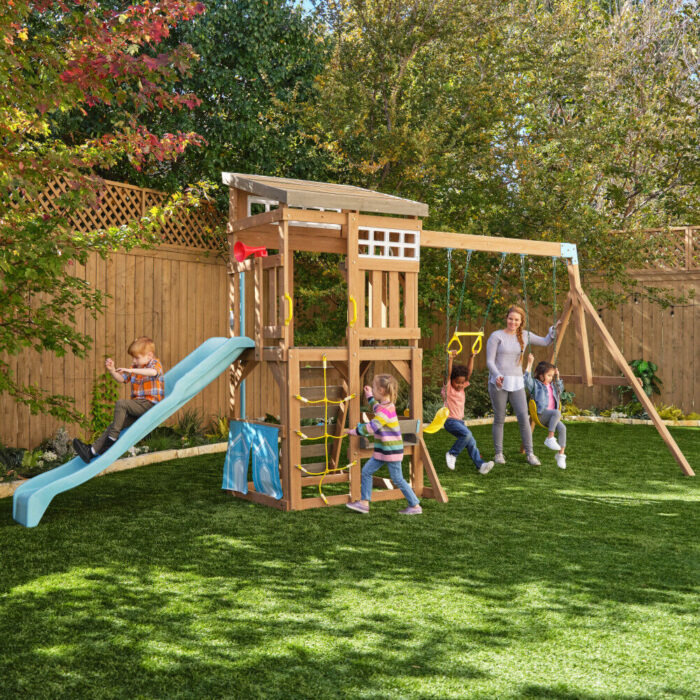 KidKraft - Modern Outdoor Wooden Swing Set / Playset with Fireman's Pole, Reversible Bench - R Exclusive - Image 3